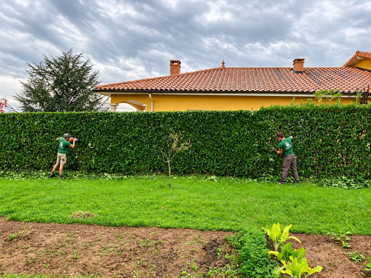 Deux jardiniers en t-shirt vert taillent une grande haie dense dans un jardin, devant une maison jaune au toit de tuiles sous un ciel nuageux.